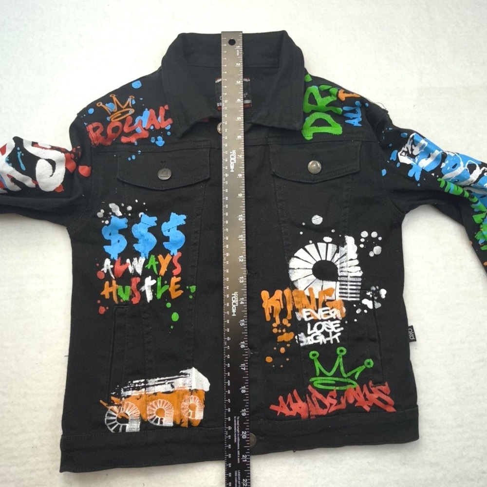 Akademiks Jean Jacket Black Y2K Graffiti Denim Jacket Street Size L 14/16 - Picture 4 of 14